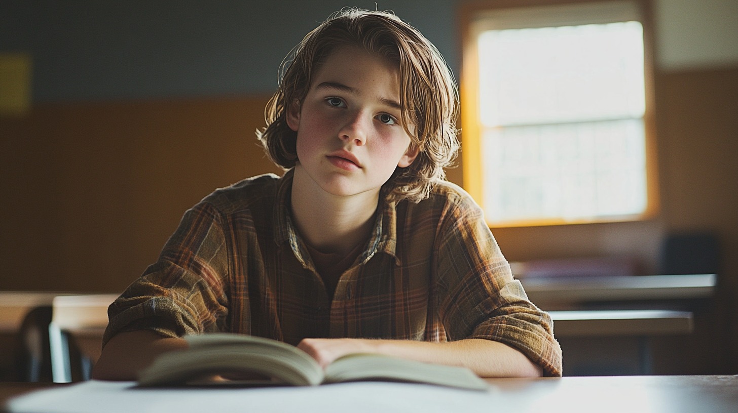 A young student sitting at a desk in a classroom, looking thoughtful with an open book in front of them and sunlight streaming through the window