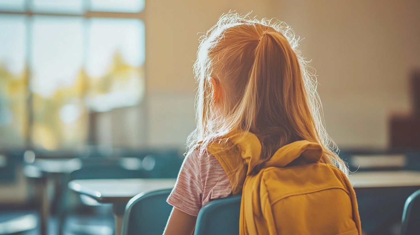 A young girl with a yellow backpack sitting in a sunlit classroom, looking towards the window