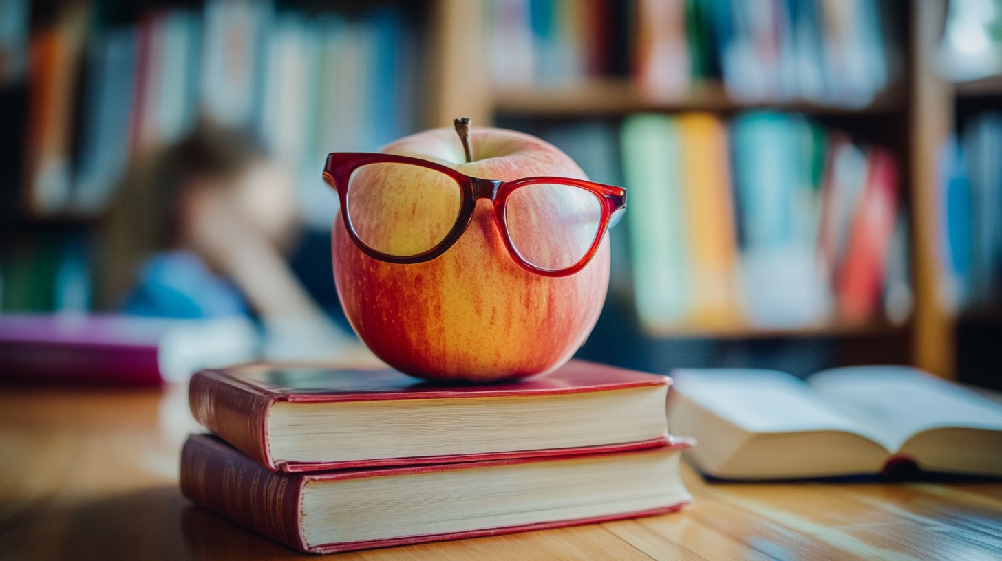 A red apple wearing glasses placed on top of two stacked books in a library setting with blurred bookshelves in the background