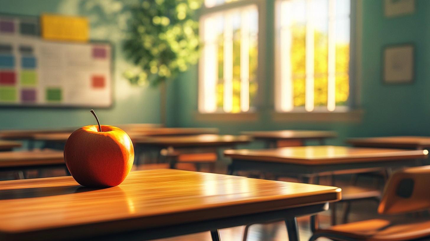 A shiny red apple sits on a wooden desk in an empty classroom with sunlight streaming through the windows