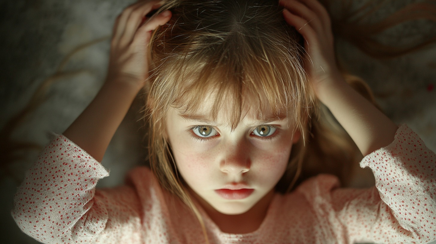 A young girl with a serious expression, holding her head with her hands, looking directly at the camera in a dimly lit setting