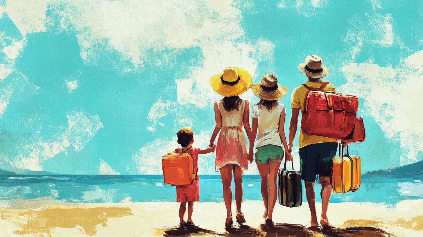 An artistic illustration of a family of four walking toward the ocean, carrying suitcases and backpacks, under a bright blue sky