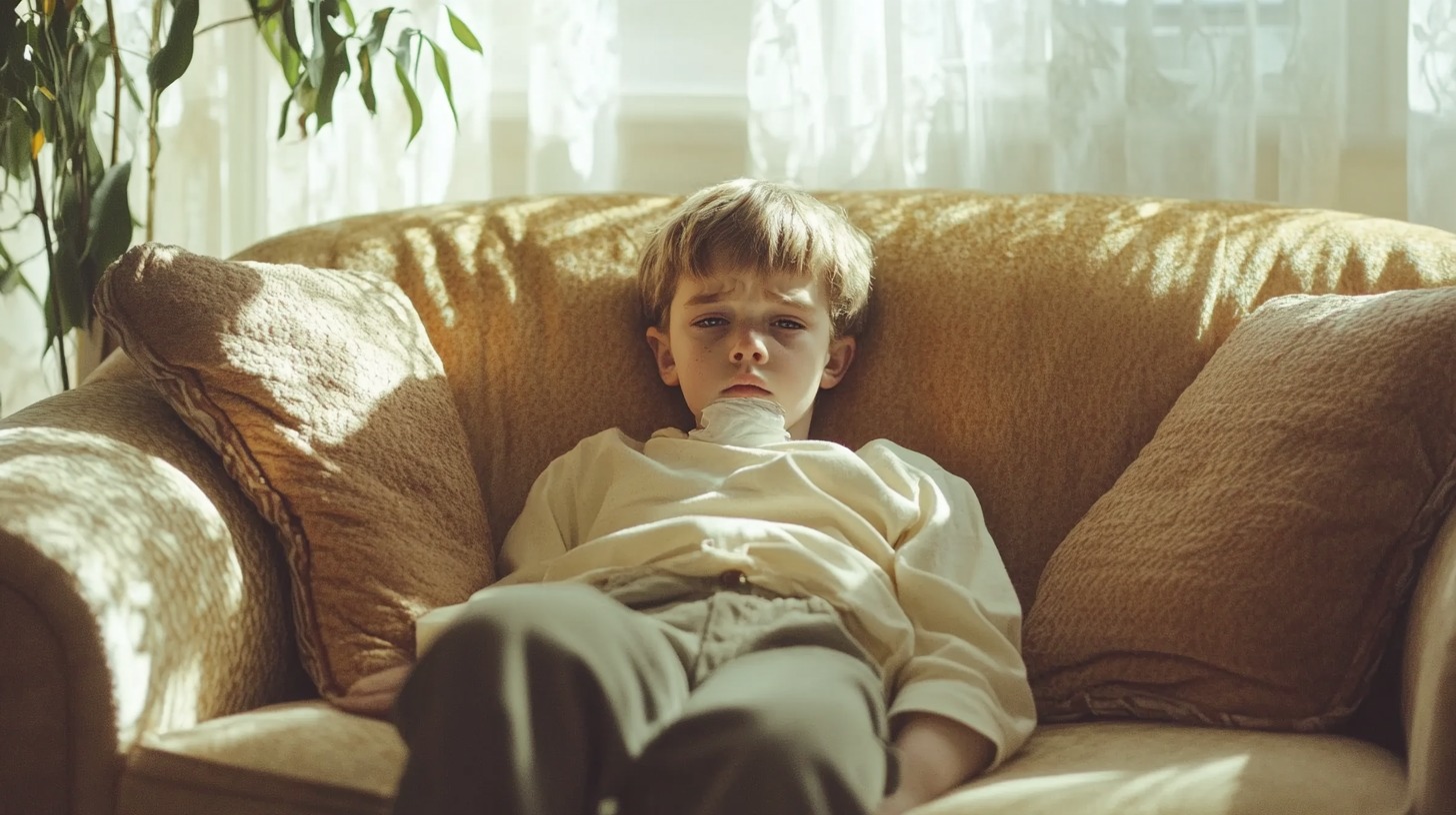 A young boy sitting on a couch, looking unwell and thoughtful, with soft sunlight streaming through the window