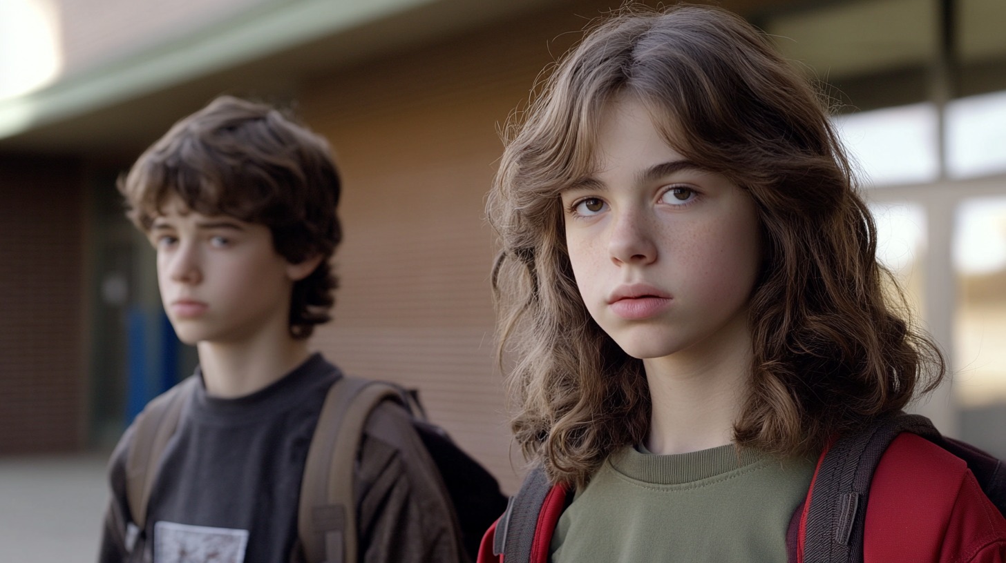 Two teenagers standing outdoors with backpacks, looking thoughtful and serious against a school backdrop