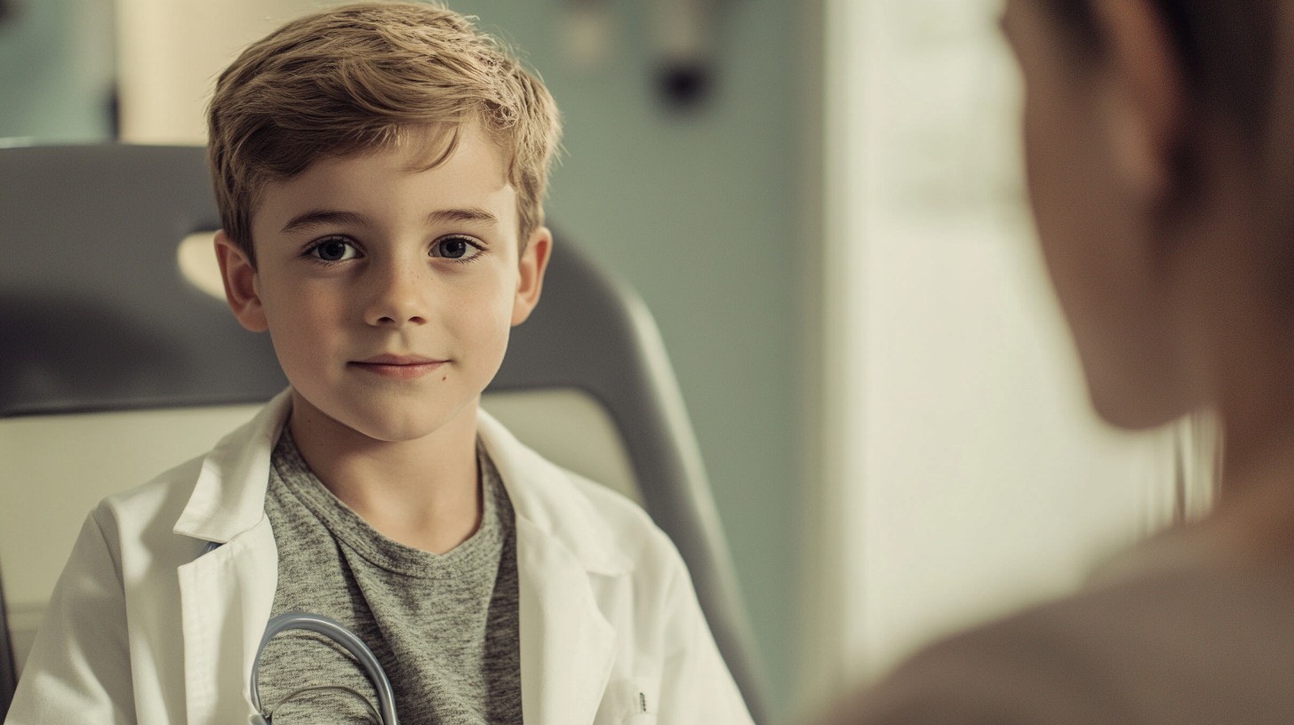 A young boy wearing a white coat and stethoscope, sitting in a medical setting, with a warm smile and attentive expression