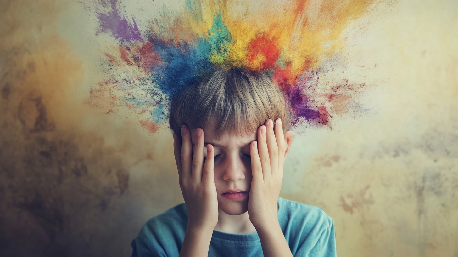 A young boy holding his hands over his eyes with an explosion of colorful paint-like streaks radiating from his head, symbolizing mental health or creativity