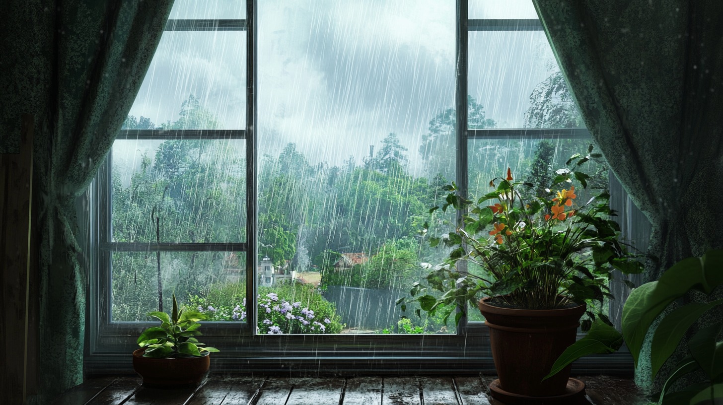 View of a rainy garden through a window, with potted plants on a wooden floor inside the room