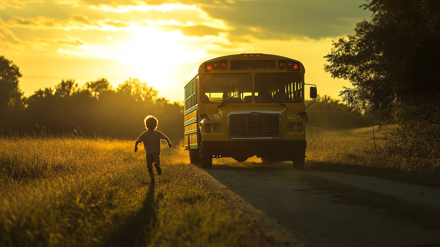 A child running toward a school bus on a rural road, illuminated by the golden light of a sunrise