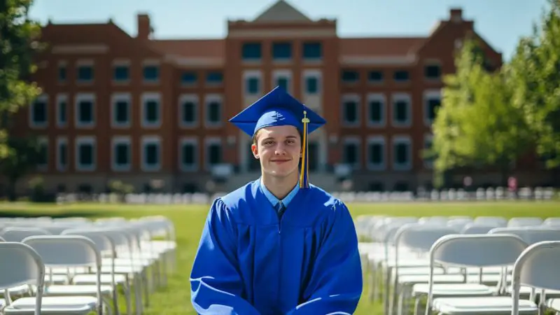 A Graduate in A Blue Cap and Gown Poses for A Photo in Front of A University Building