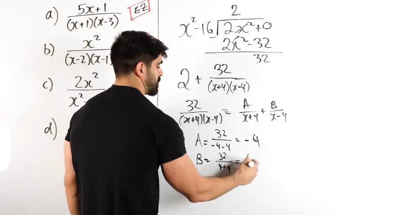 Man solving a partial fractions example on a whiteboard