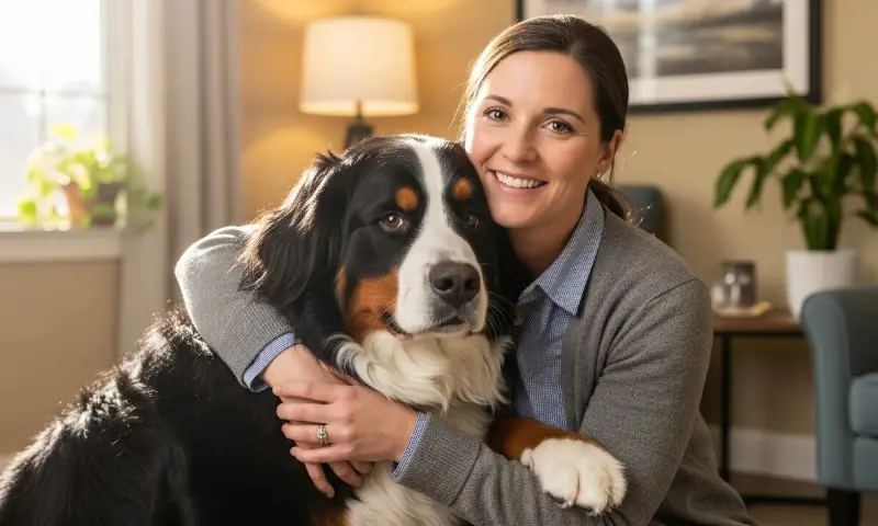 Woman smiling while tightly hugging a fluffy Bernese Mountain Dog indoors